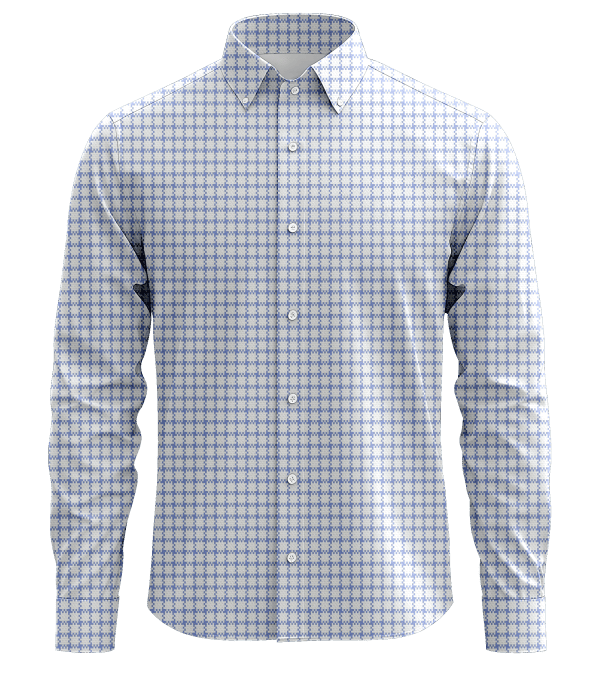 Sophisticated men's dress shirt with a blue and white geometric pattern, ideal for formal and business attire, featuring a classic point collar and button-up front.