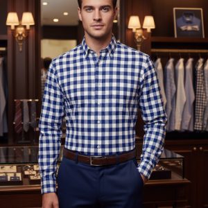 Elegant man in checkered blue and white shirt shopping for men's fashion at DeoVeritas luxury clothing store.