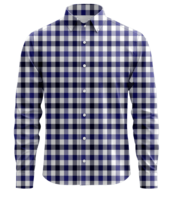 Classic blue and white checkered men's button-up shirt with a modern fit, ideal for casual and professionalwear. Features a pointed collar and full-length sleeves for versatile styling.