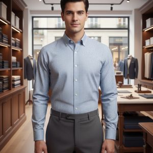 Stylish young man in light blue dress shirt shopping for men's formalwear at a tailor shop or clothing store.