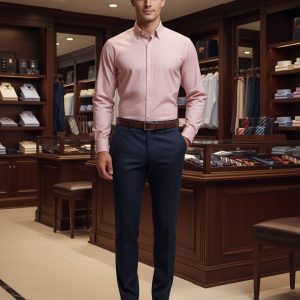 Young man in stylish business attire in luxury clothing store, wearing a pink dress shirt, navy dress pants, and brown leather shoes, showcasing sophisticated men's fashion and professional wardrobe essentials.