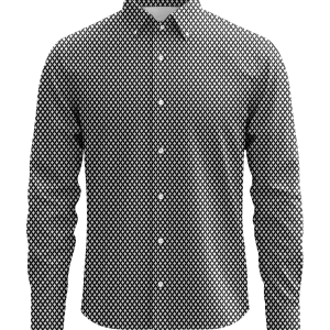 Stylish men's black and white patterned dress shirt with a classic collar and button-down front, perfect for formal or business attire, showcasing high-quality fabric and intricate design.