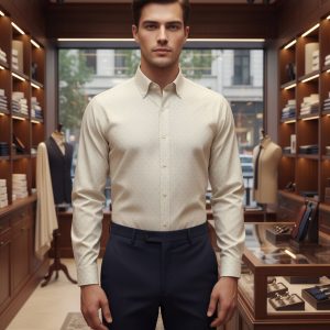 Sophisticated young man in a tailored dress shirt and dark trousers inside a high-end clothing boutique.