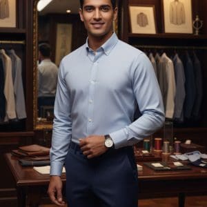 Elegant man in a light blue dress shirt shopping at DeoVeritas, premium men's clothing store, featuring tailored shirts, accessories, and sophisticated fashion essentials.