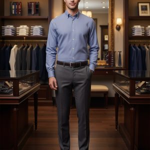 Elegant man in blue dress shirt and gray trousers inside upscale men's clothing store, showcasing tailored suits and accessories for sophisticated style.