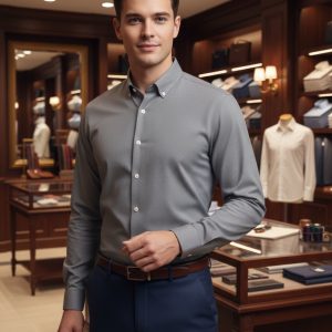Elevated image of a young man in a tailored gray dress shirt shopping in a luxury men's clothing store, showcasing high-quality men's fashion and accessories.