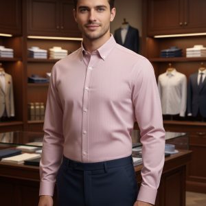 Elegant men's pink dress shirt for business or formal occasions, displayed in a sophisticated clothing boutique setting. Perfectly tailored with high-quality fabric for a polished look.