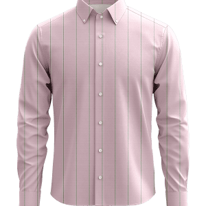Classic men's pink dress shirt with thin vertical stripes, button-down collar, and long sleeves, ideal for formal occasions and professional wear.