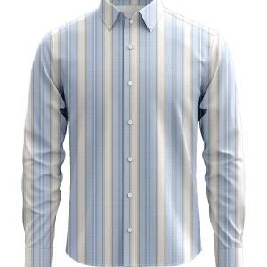 Striped men's dress shirt with blue, beige, and white vertical patterns, button-down collar, and long sleeves, ideal for formal and casual occasions.