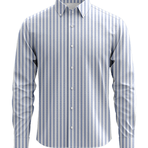 Classic men's striped dress shirt with button-down collar, ideal for professional or formal occasions, featuring blue and white vertical stripes.