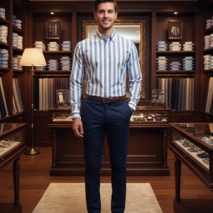 Men's dress shirt with blue and white vertical stripes in a luxury tailored boutique setting for formal or business casual wear.