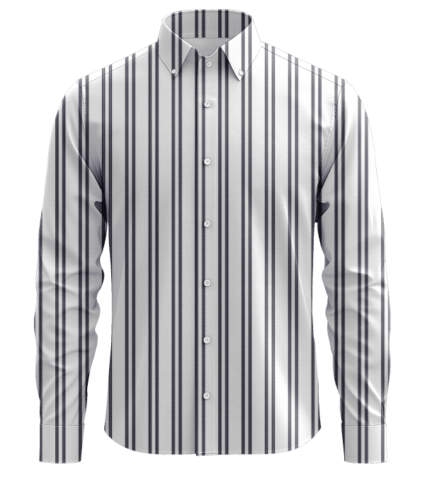 Elegant men's white dress shirt with black vertical stripes, button-down collar, tailored fit, perfect for business or formal occasions, high-quality fabric for comfort and style.