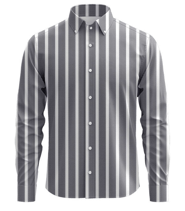 Striped men's dress shirt with button-down collar, black and white pattern, suitable for business or formal occasions, high-quality fabric, stylish and modern design.