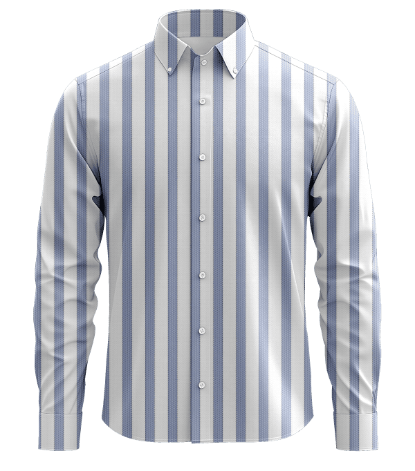 Classic men's white and blue striped dress shirt with button-down collar and long sleeves, perfect for formal or business occasions.