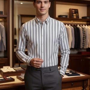 Elegant men's striped dress shirt for formal wear, showcasing refined fashion style.