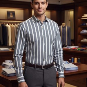 Elegant men's striped dress shirt in a retail setting, showcasing refined style and high-quality fabric. Perfect for professional and formal occasions, highlighting the sophistication of DeoVeritas apparel.