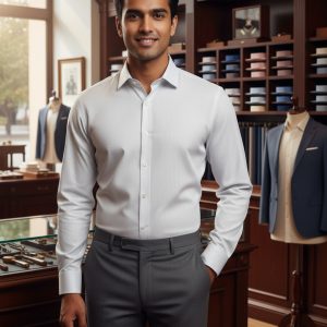 Elegant man in white dress shirt and gray trousers inside a stylish tailor shop, showcasing high-quality men's fashion, suits, and accessories for a sophisticated look.
