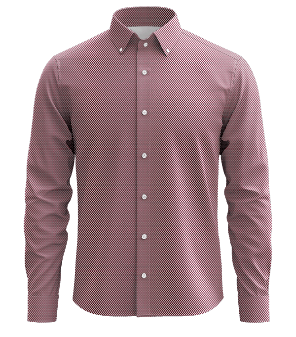 Men's red and white patterned dress shirt with button-down collar and long sleeves, ideal for business or casual wear, displayed on a black background.