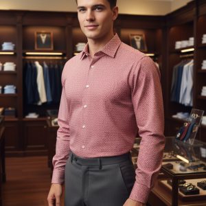 1. Male model in smart casual outfit inside a clothing store, wearing a patterned pink dress shirt and gray trousers, showcasing men's fashion and styling tips.