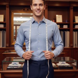 1. Well-dressed man with measuring tape in tailor shop, custom clothing, mens fashion, tailored garments, clothing fitting, fashion designer, professional tailoring, men's style, clothing customization, fitting consultation.