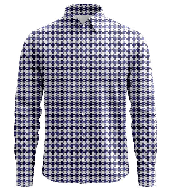 1. Stylish men's checkered dress shirt with navy and white pattern, ideal for business or casual wear, made from quality fabric for comfort and durability.