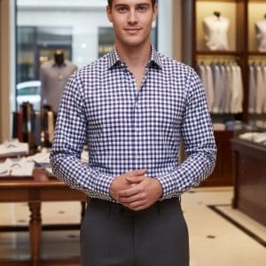 1. Young man in a checkered dress shirt inside a men's clothing store, showcasing stylish men's fashion and apparel.
