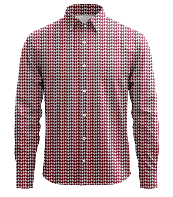 1. Stylish red and white houndstooth checkered men's dress shirt with button-down collar, perfect for professional or casual occasions.