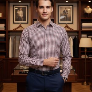 Elegant man in a tailored patterned shirt and navy trousers in a sophisticated clothing store with wooden shelves, framed fashion photos, and clothing displays, representing premium menswear and style.