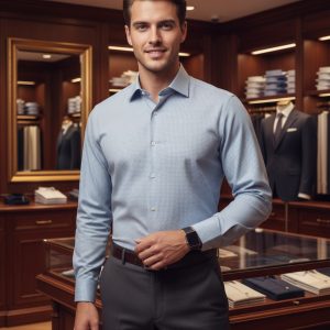 Elegant young man in a tailored light blue dress shirt standing confidently in a luxury suit store interior with wooden shelves and suits on display, representing upscale fashion shopping and premium clothing.