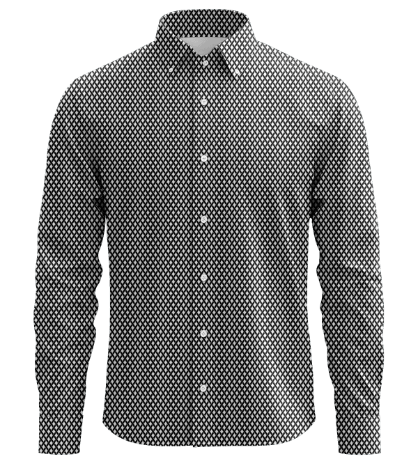 Woven patterned men's dress shirt, stylish black and white geometric design for formal or casual wear, high-quality fabric, button-down collar, perfect for modern fashion.