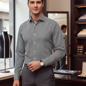 Sophisticated man dressed in stylish business attire standing inside a high-end fashion boutique. Focus on men's dress shirts, accessories, and elegant clothing showcased at DeoVeritas for upscale shopping.
