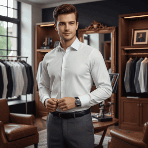 Elegant man in white dress shirt and gray trousers inside a stylish clothing store, showcasing premium men's fashion and tailored wardrobe essentials for modern professional style.