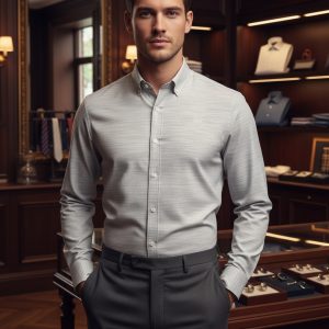 Elegant young man in a tailored dress shirt and trousers, standing confidently in a luxurious jewelry store, showcasing sophisticated men's fashion and accessories.