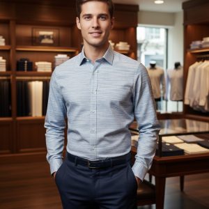 Men's dress shirt and business attire in a clothing store environment, showcasing professional fashion choices.