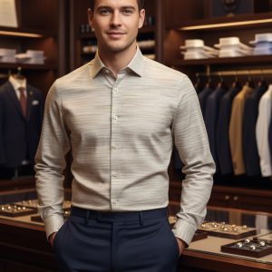 A professional man in a luxury clothing store wearing a stylish beige dress shirt and navy trousers, standing confidently among suits and accessories for a polished, sophisticated look.
