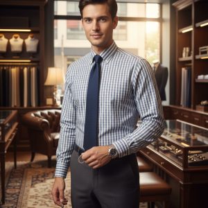 Elegant man in dress shirt and tie in luxury boutique store showcasing men's accessories and fashion.
