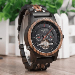 DeoVeritas Wooden Automatic Watch – Ebony Wood & Skeleton Dial