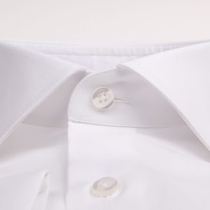 Formal white dress shirt with a classic pointed collar, featuring white buttons for a clean, professional look for business or special occasions.